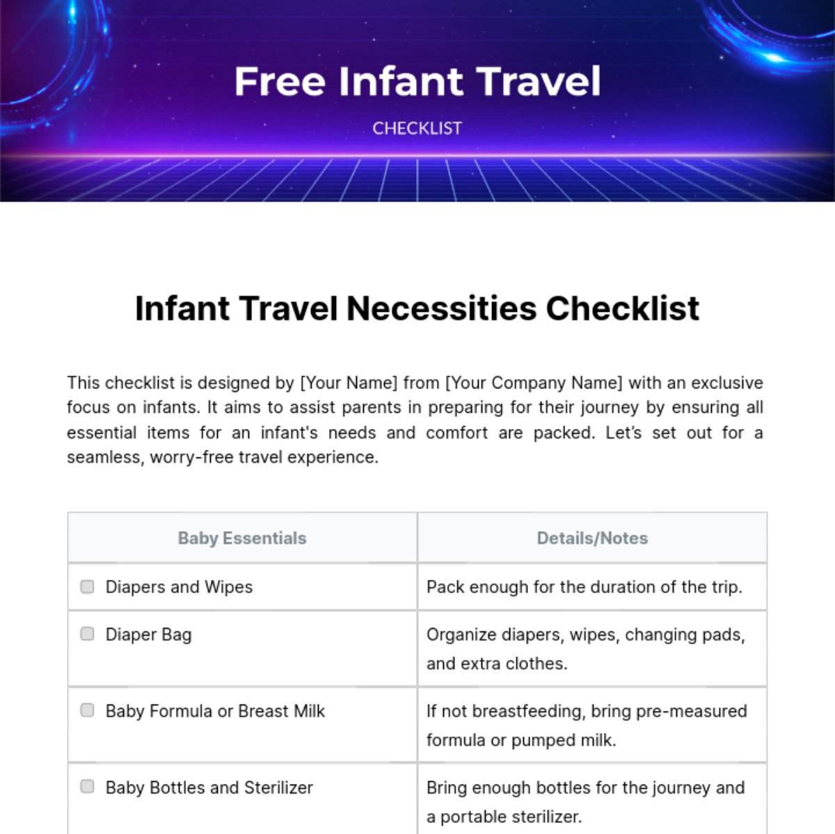 Infant Travel Checklist Template