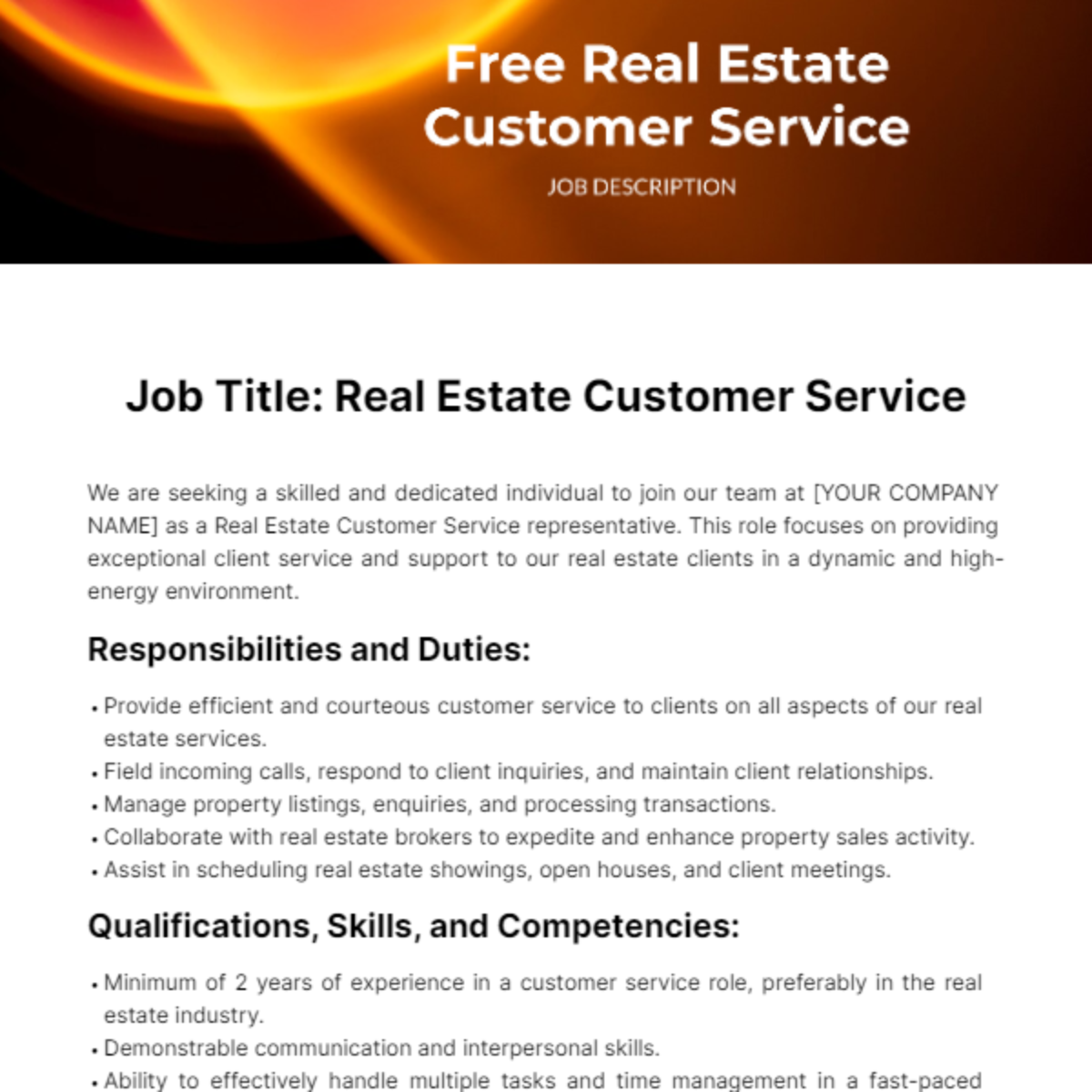 Real Estate Customer Service Job Description Template