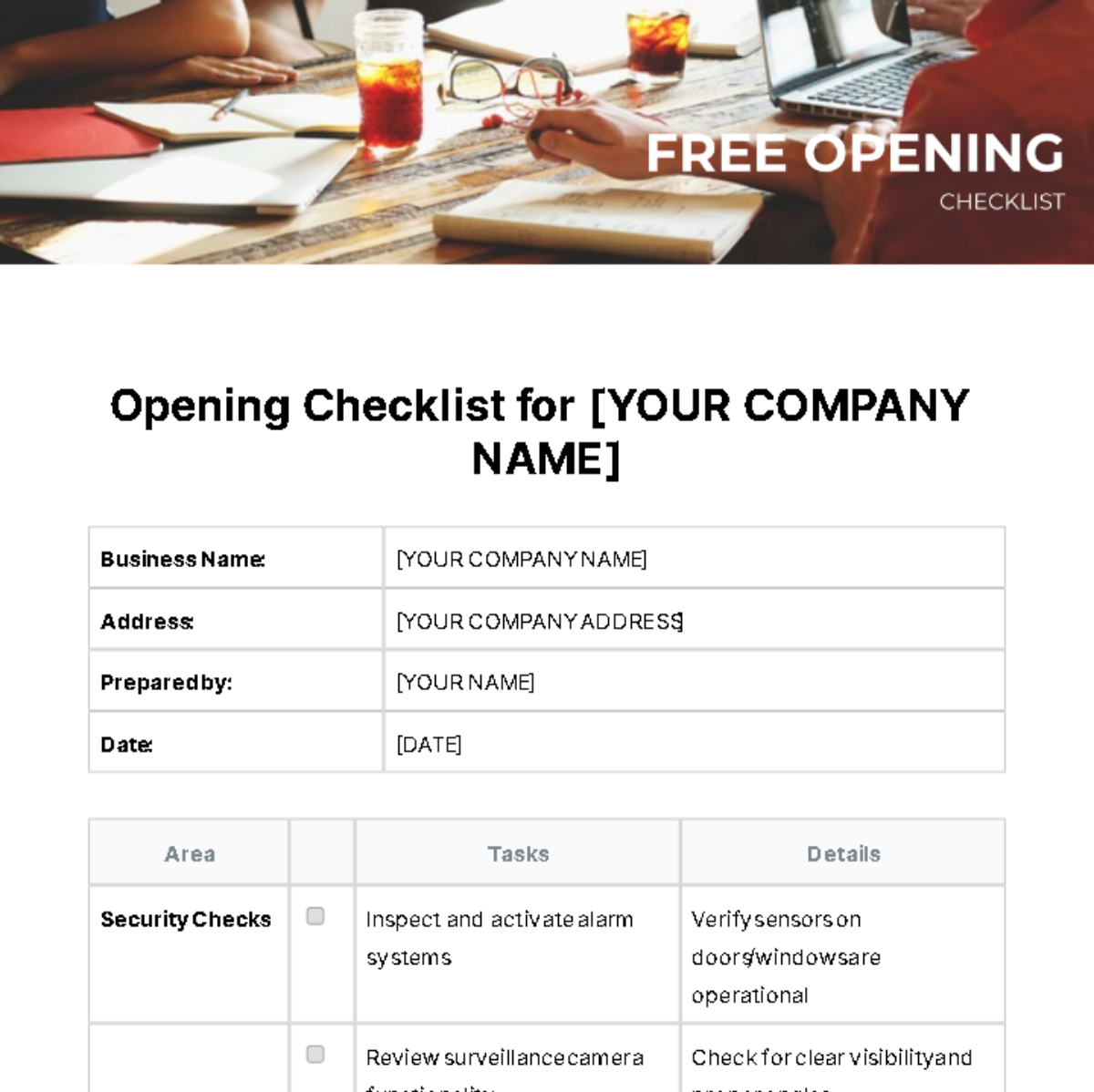 Free Opening Checklist Template