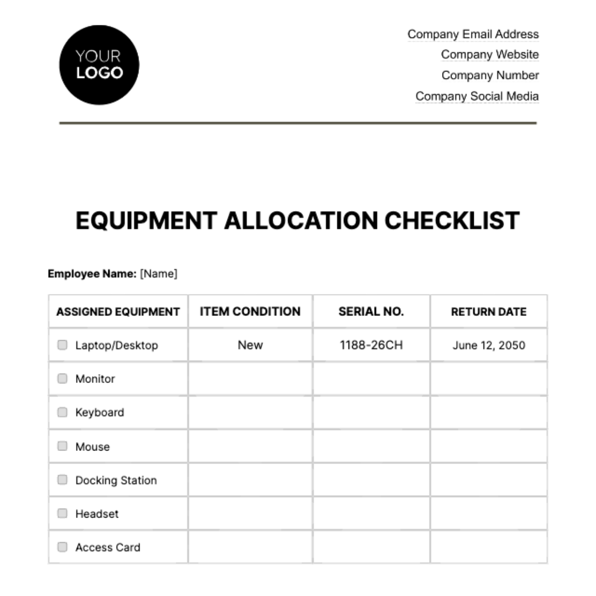 Equipment Allocation Checklist HR Template