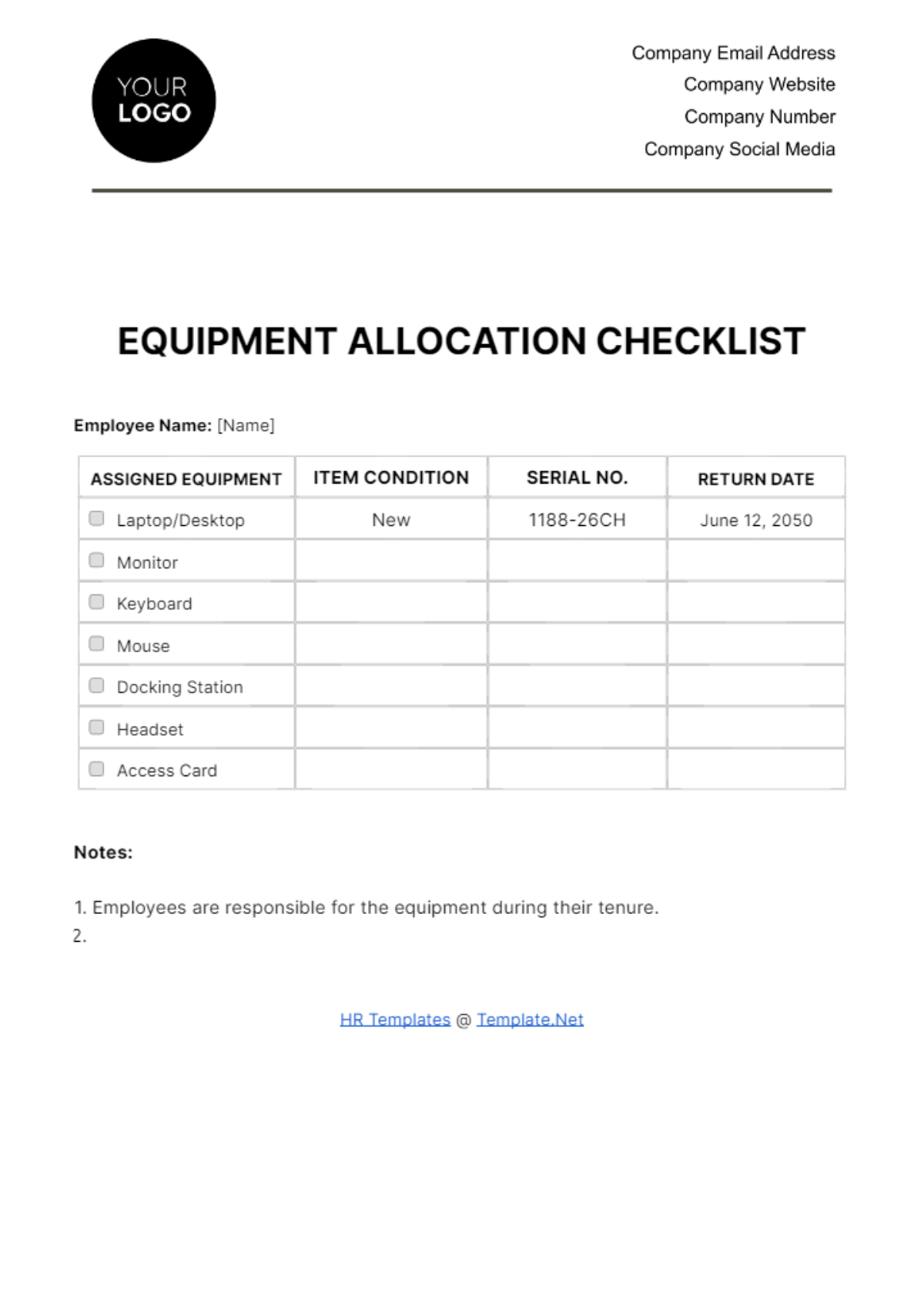 Free Equipment Allocation Checklist HR Template