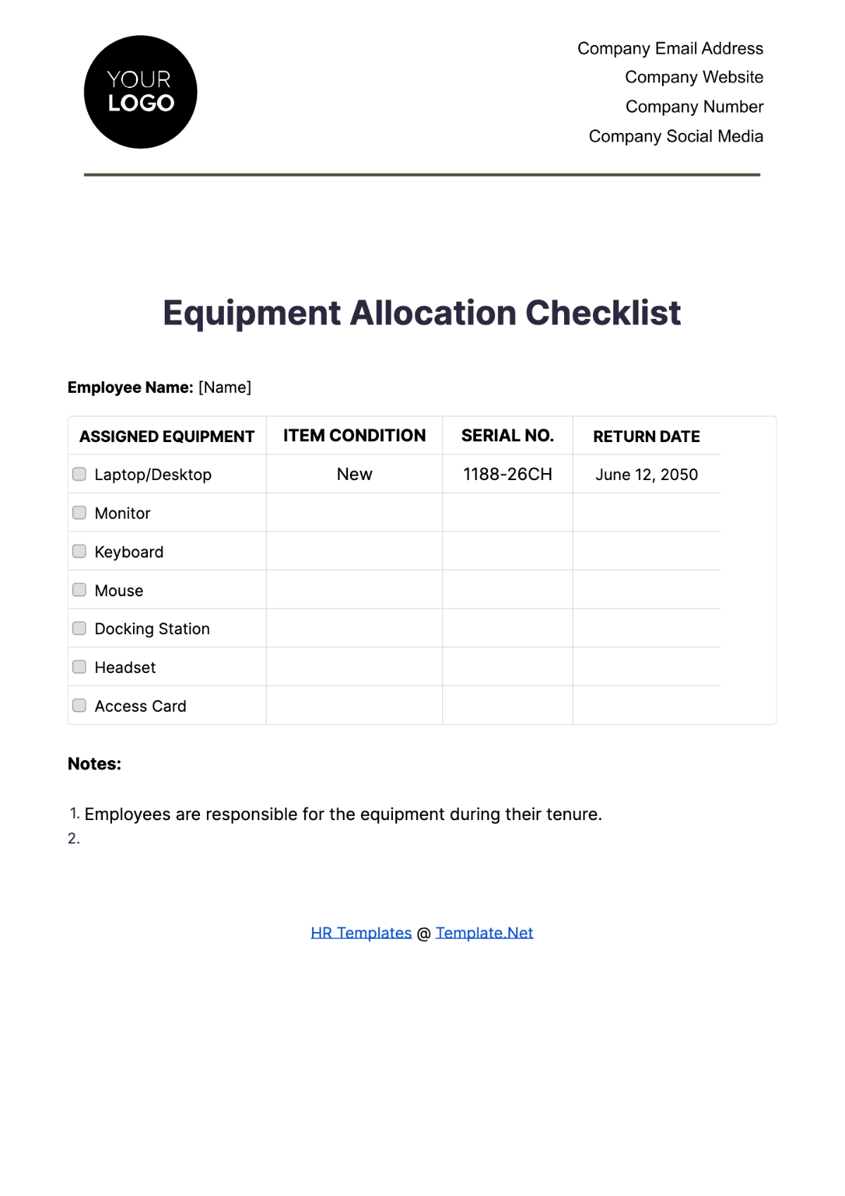 Equipment Allocation Checklist HR Template - Edit Online & Download