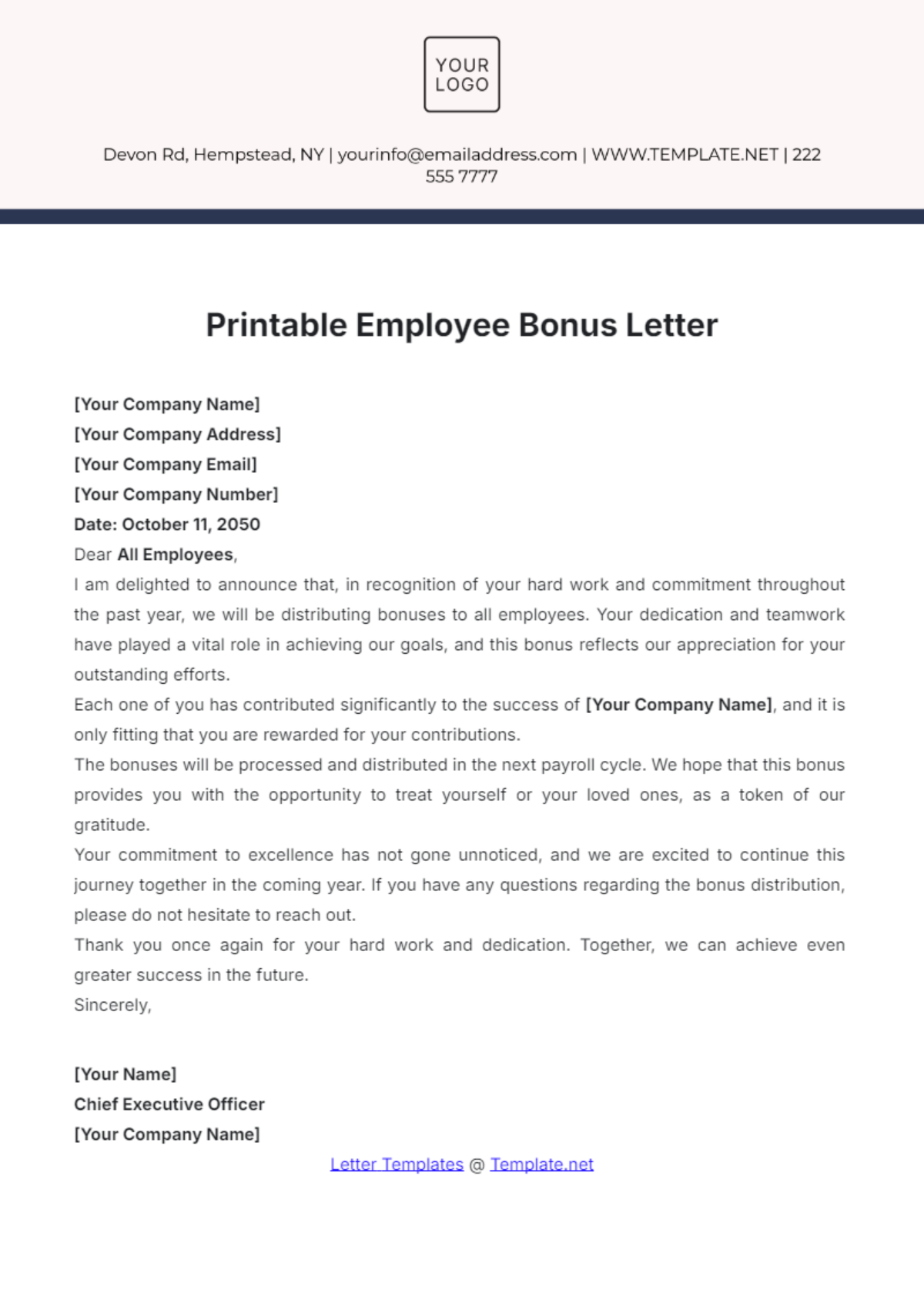 Printable Employee Bonus Letter Template - Edit Online & Download