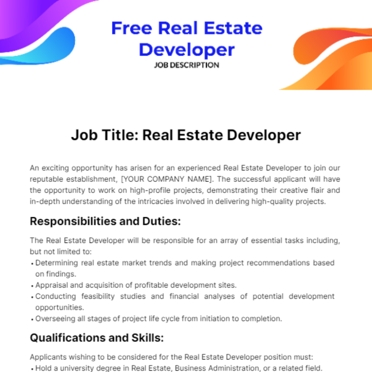 Real Estate Developer Job Description Template