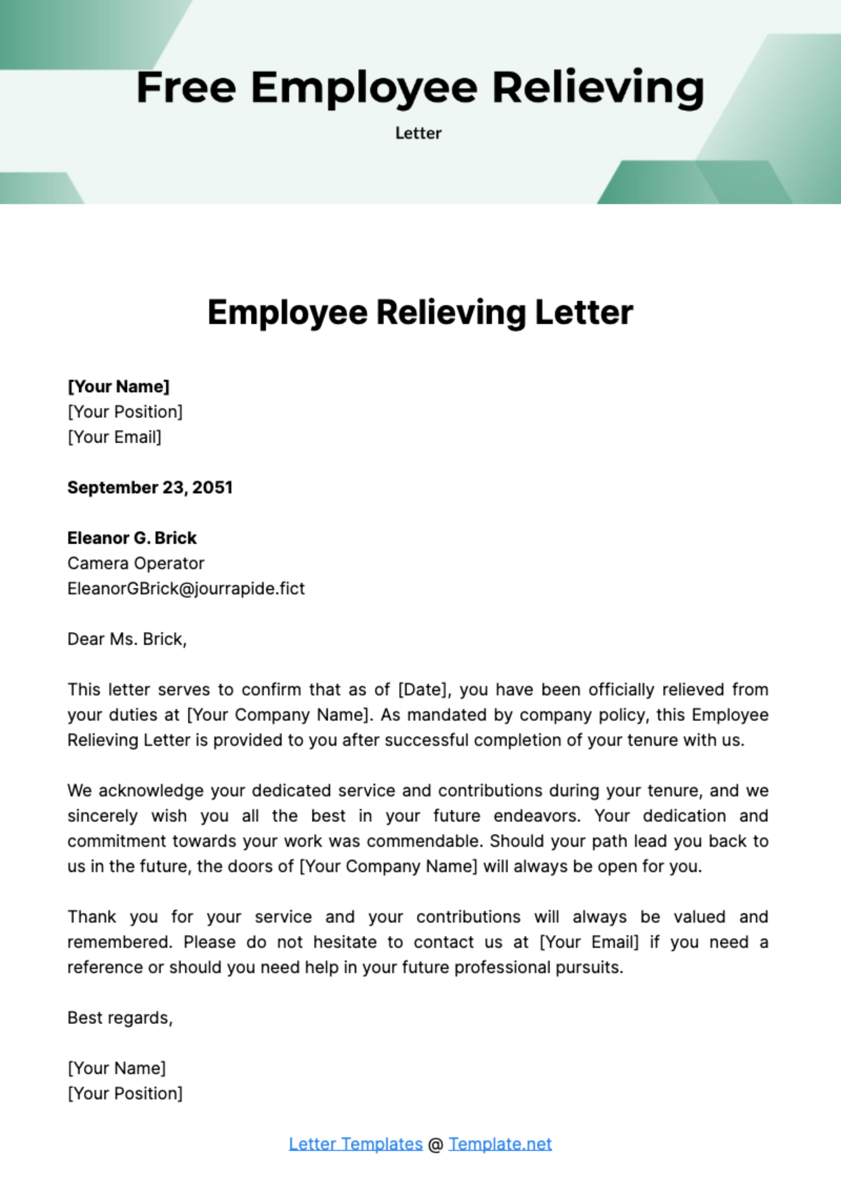 Employee Relieving Letter Template