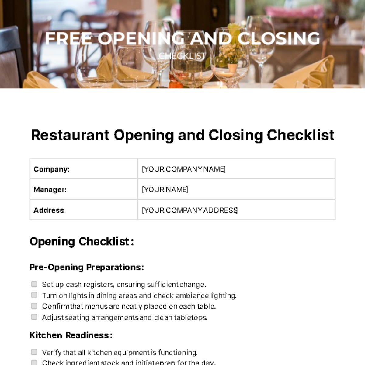 Free Opening and Closing Checklist Template