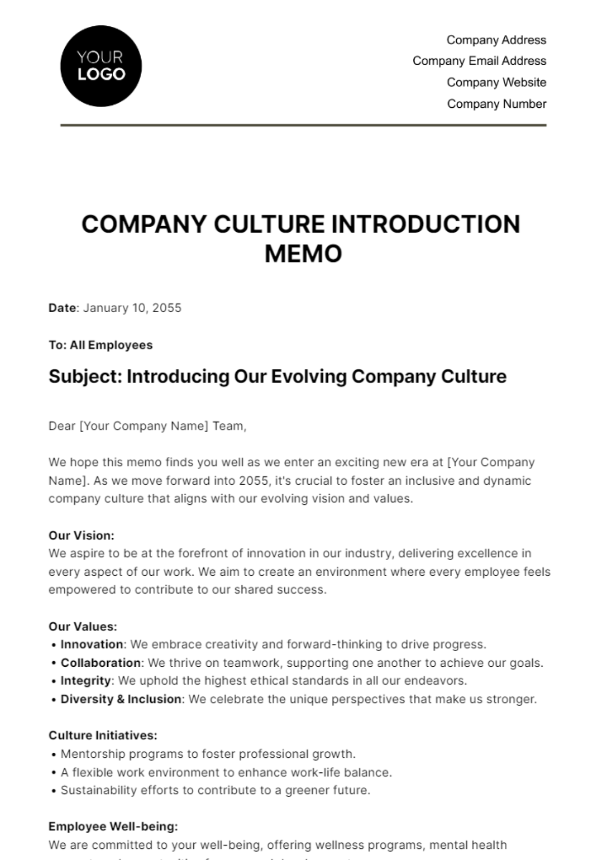 Company Culture Introduction Memo HR Template