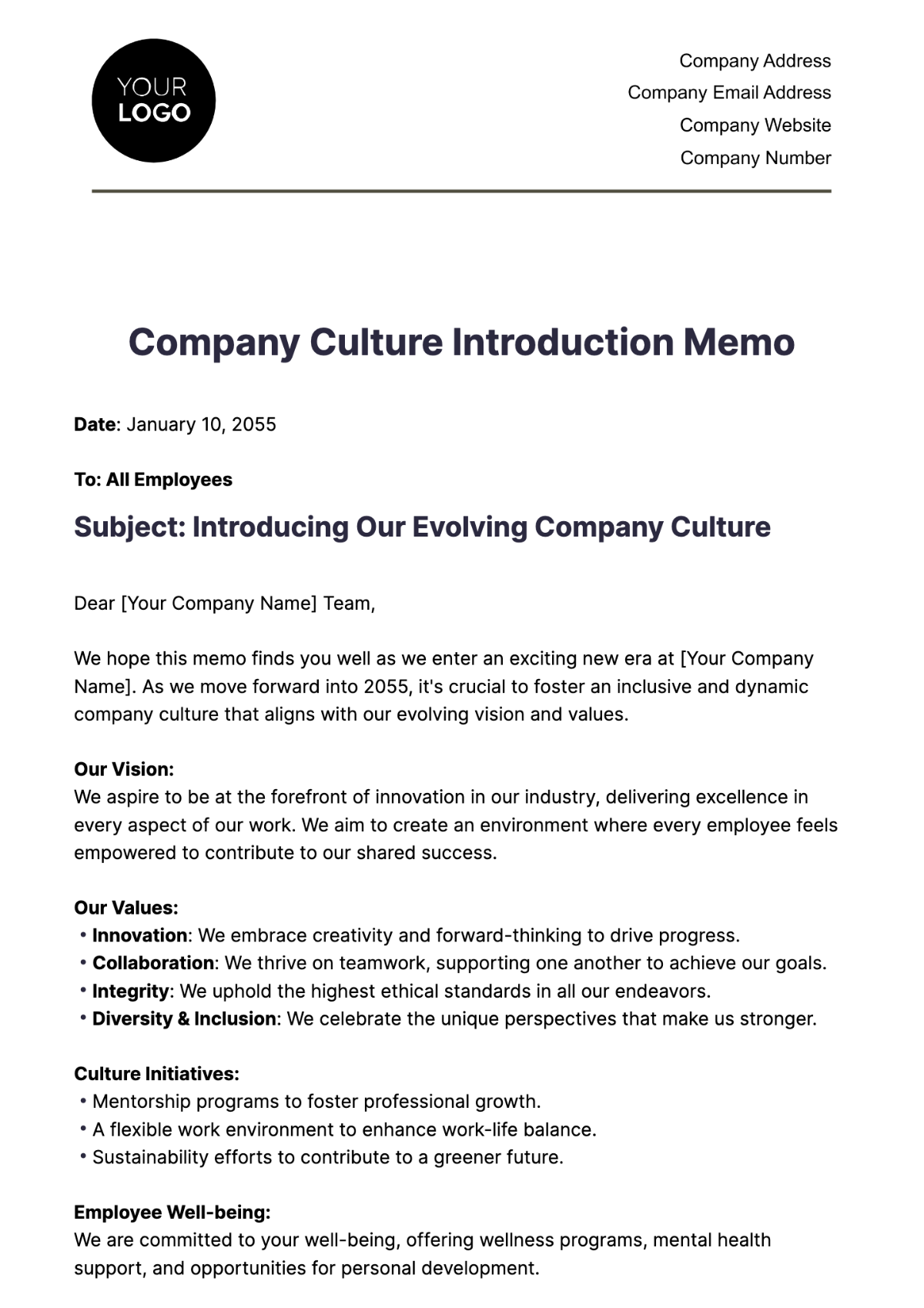 Company Culture Introduction Memo HR Template - Edit Online & Download