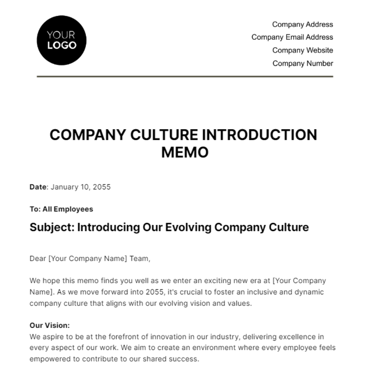 Company Culture Introduction Memo HR Template - Edit Online & Download