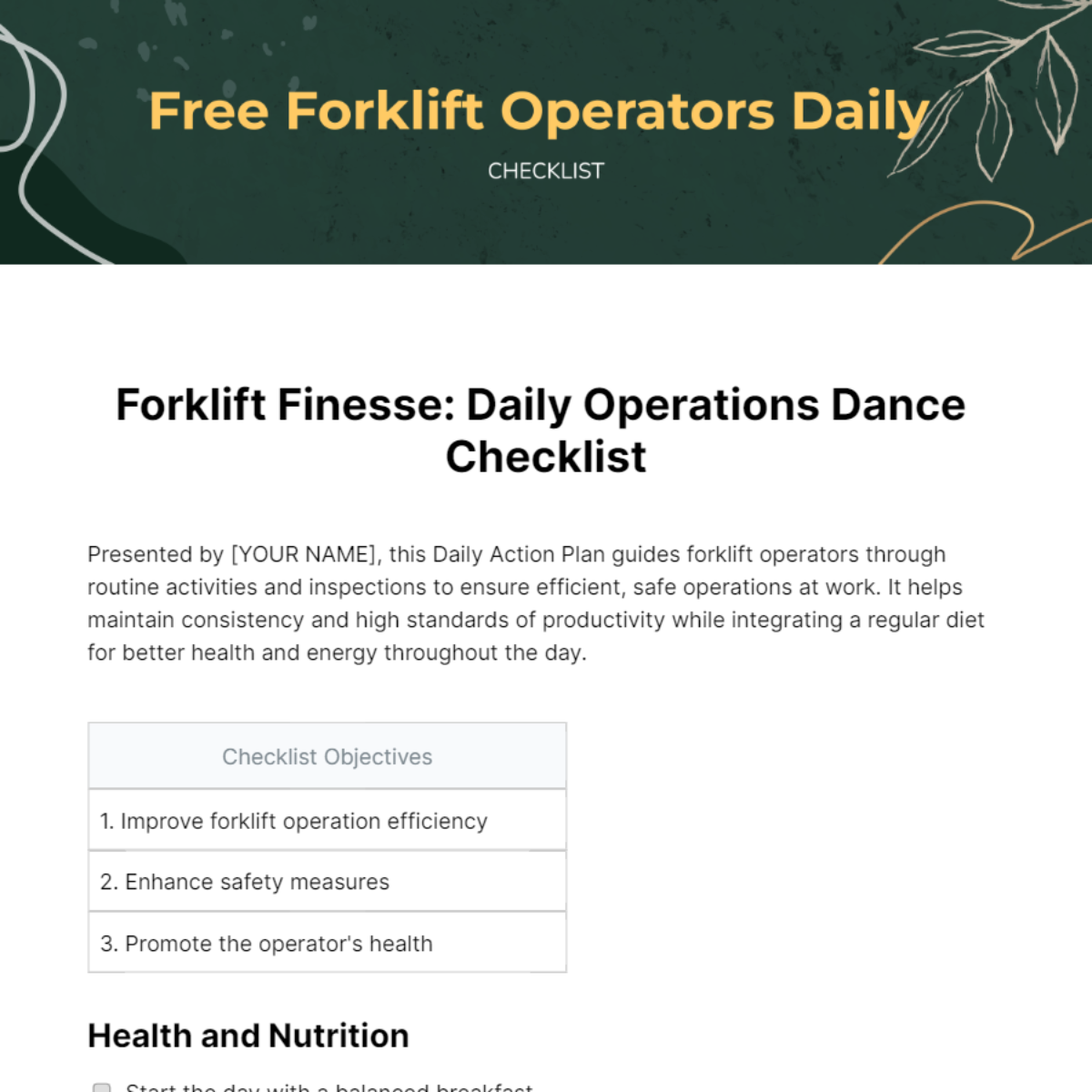 Forklift Operators Daily Checklist Template