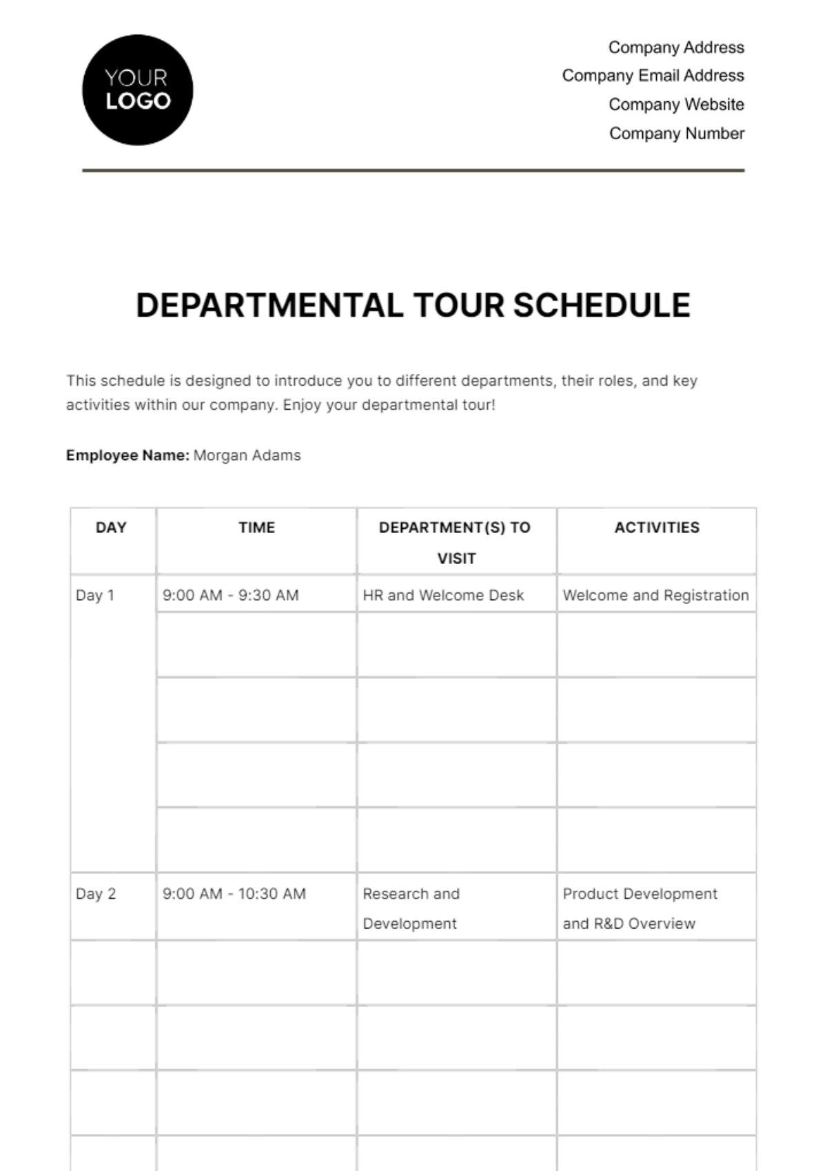 Departmental Tour Schedule HR Template