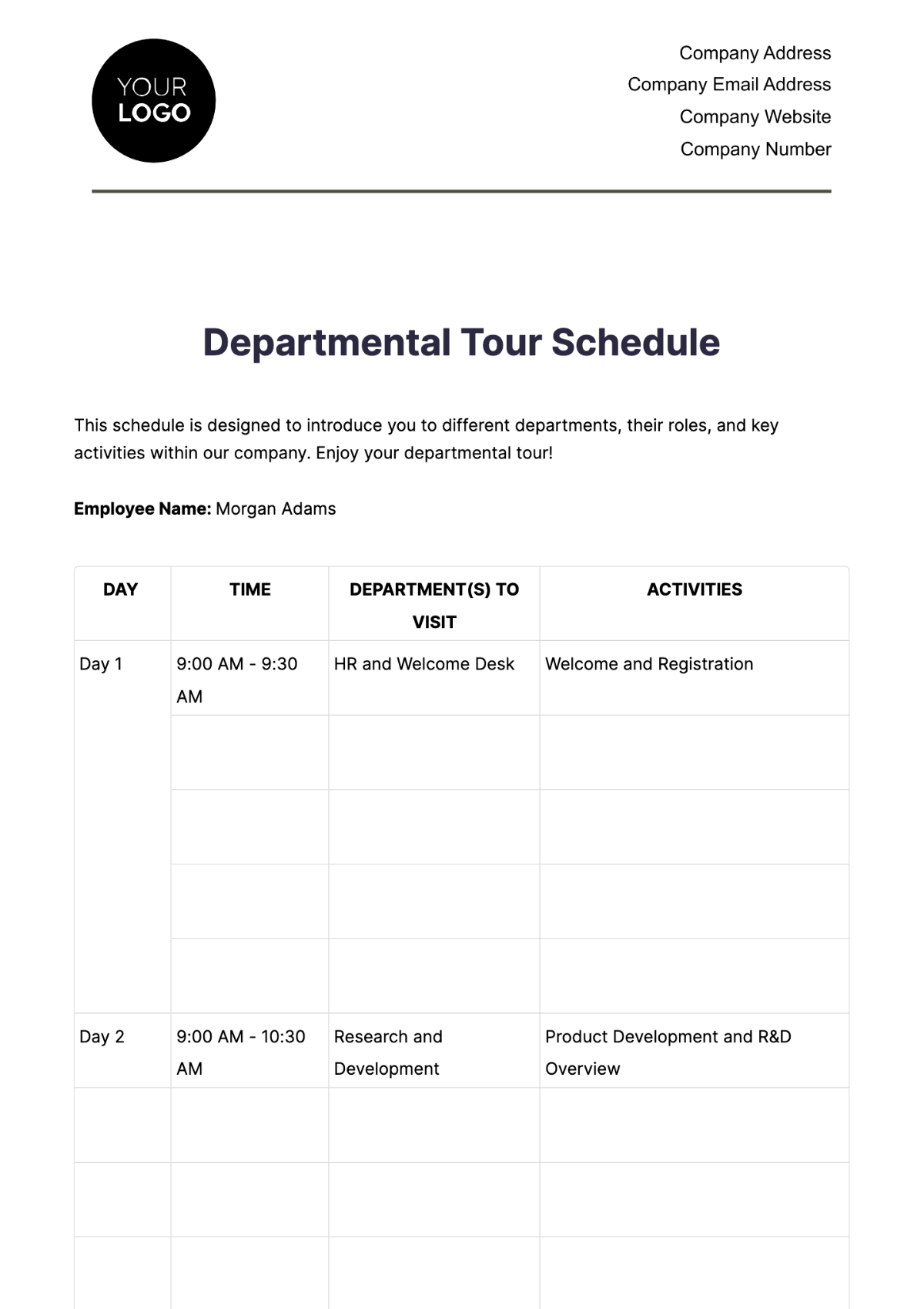 Departmental Tour Schedule HR Template - Edit Online & Download