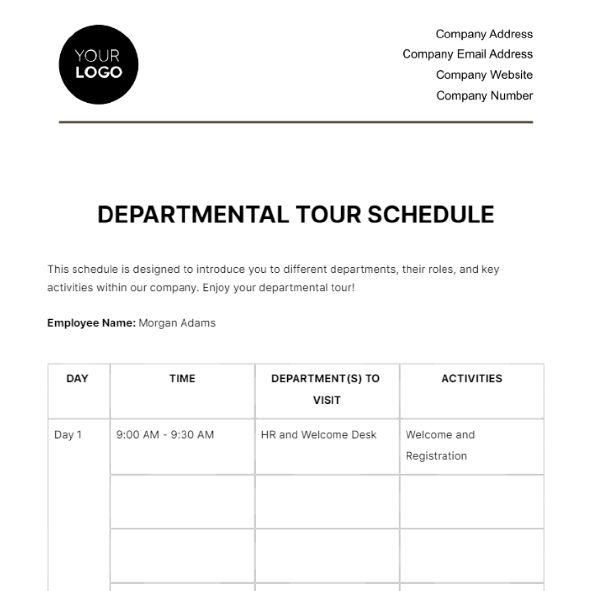 Departmental Tour Schedule HR Template - Edit Online & Download