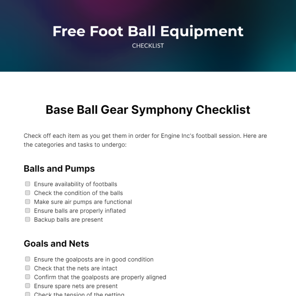 Free Foot Ball Equipment Checklist Template