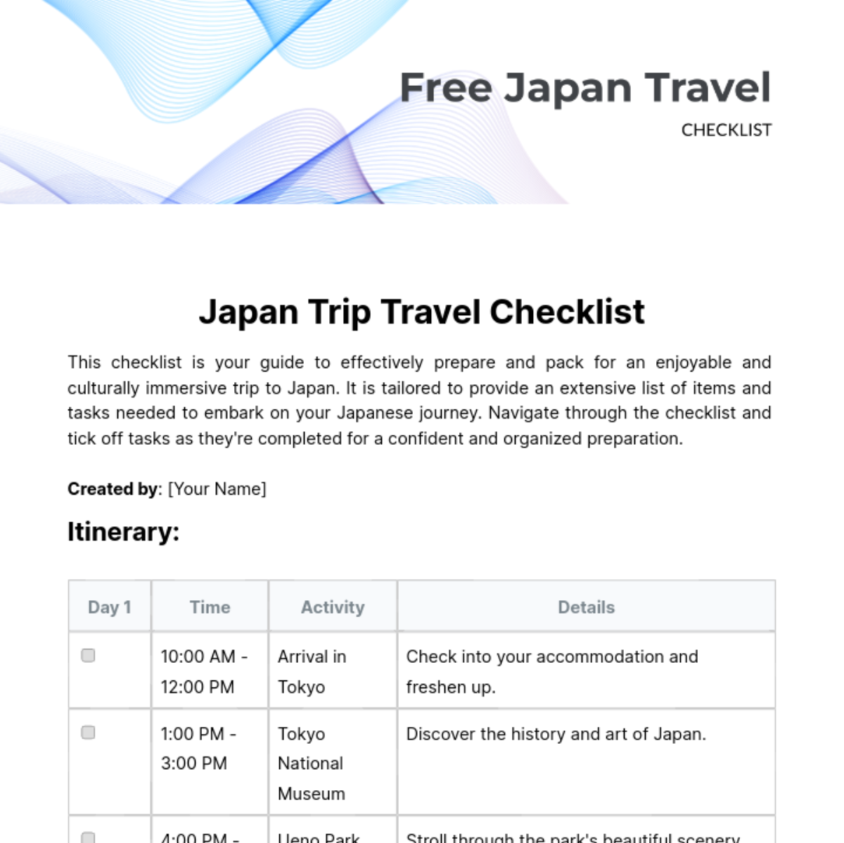 Japan Travel Checklist Template