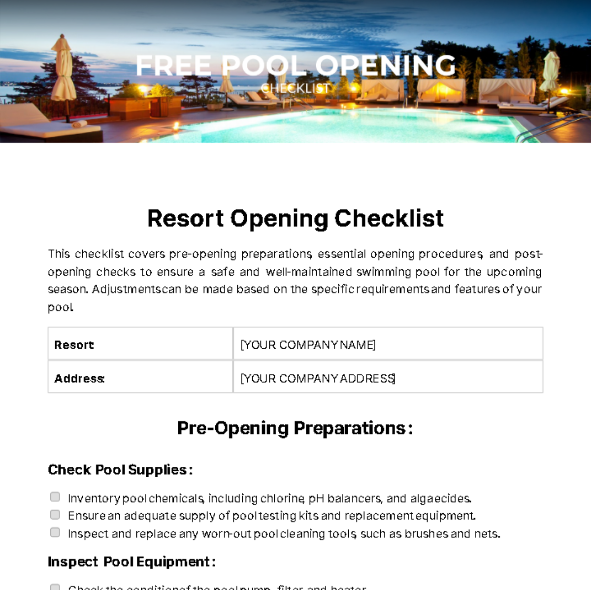Pool Opening Checklist Template