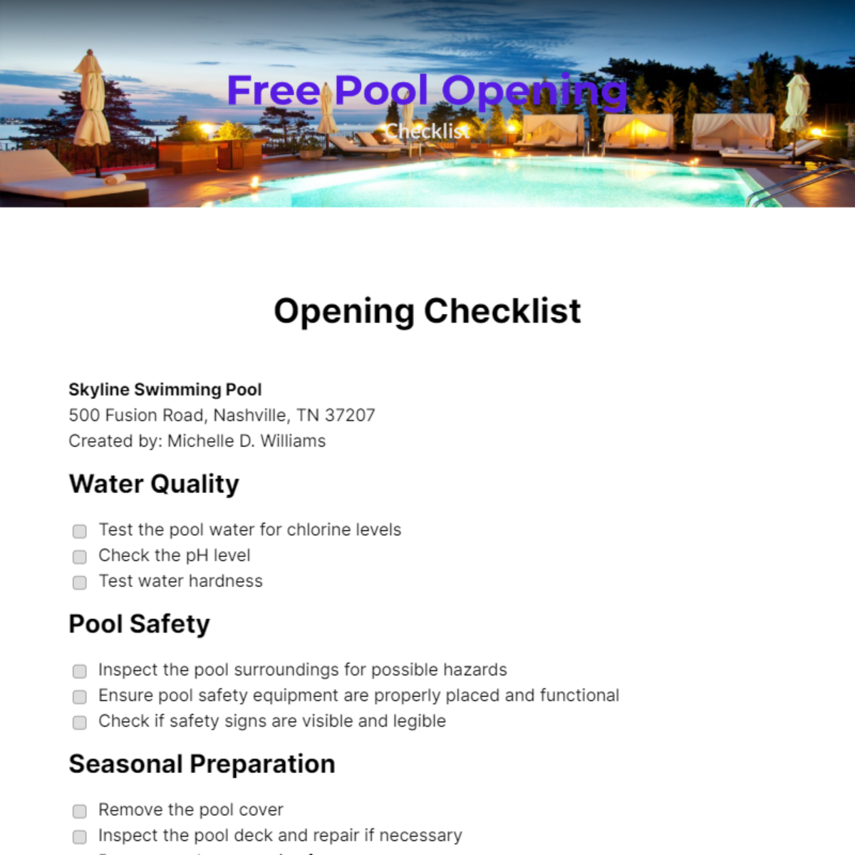 Free Pool Opening Checklist Edit Online & Download