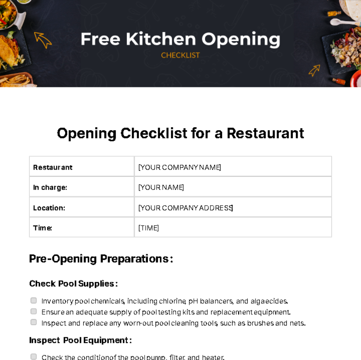 Kitchen Opening Checklist Template