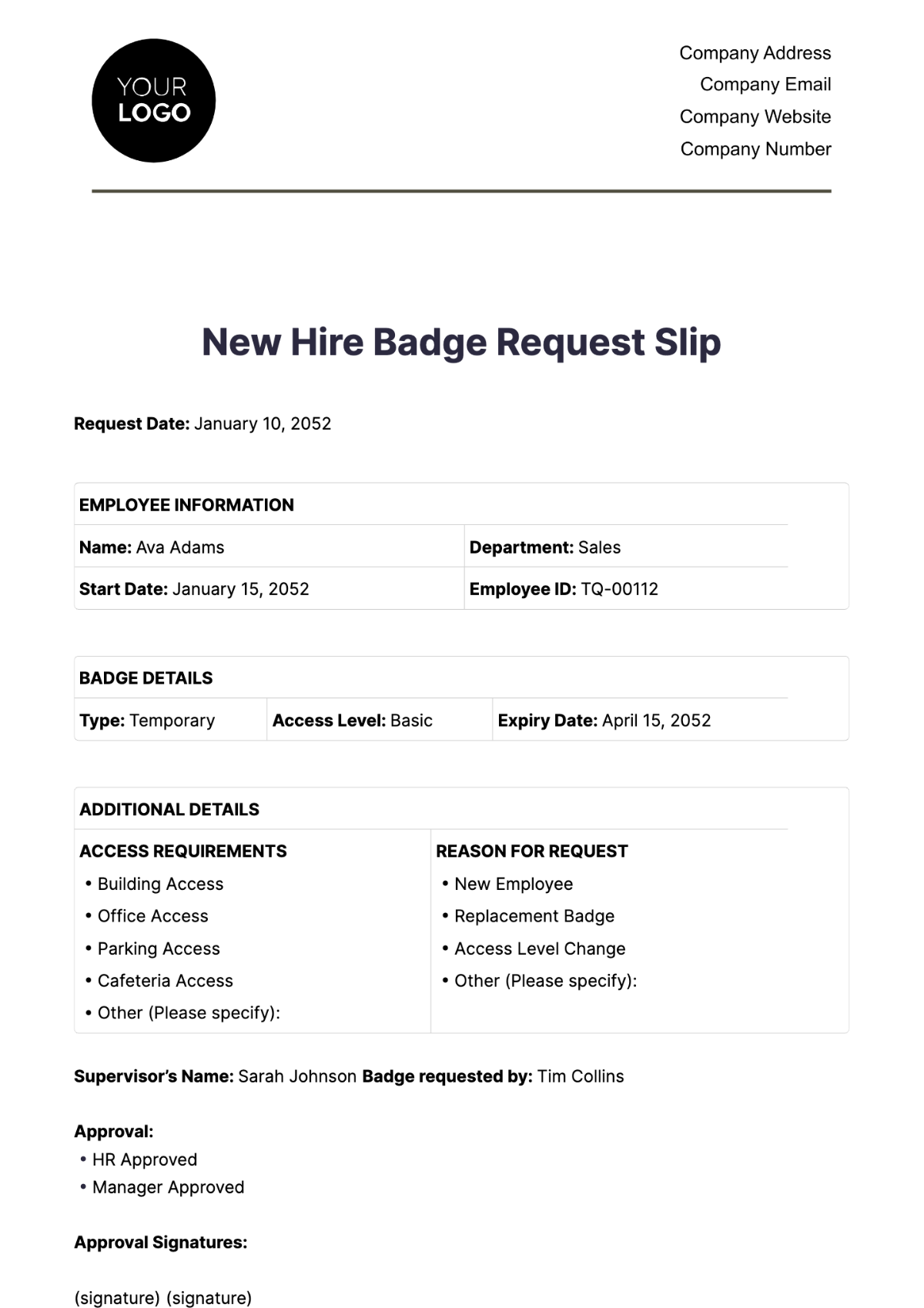 New Hire Badge Request Slip HR Template - Edit Online & Download