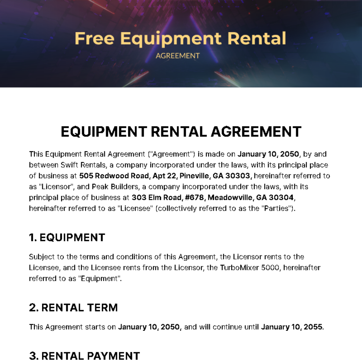 Free Equipment Rental Agreement Template