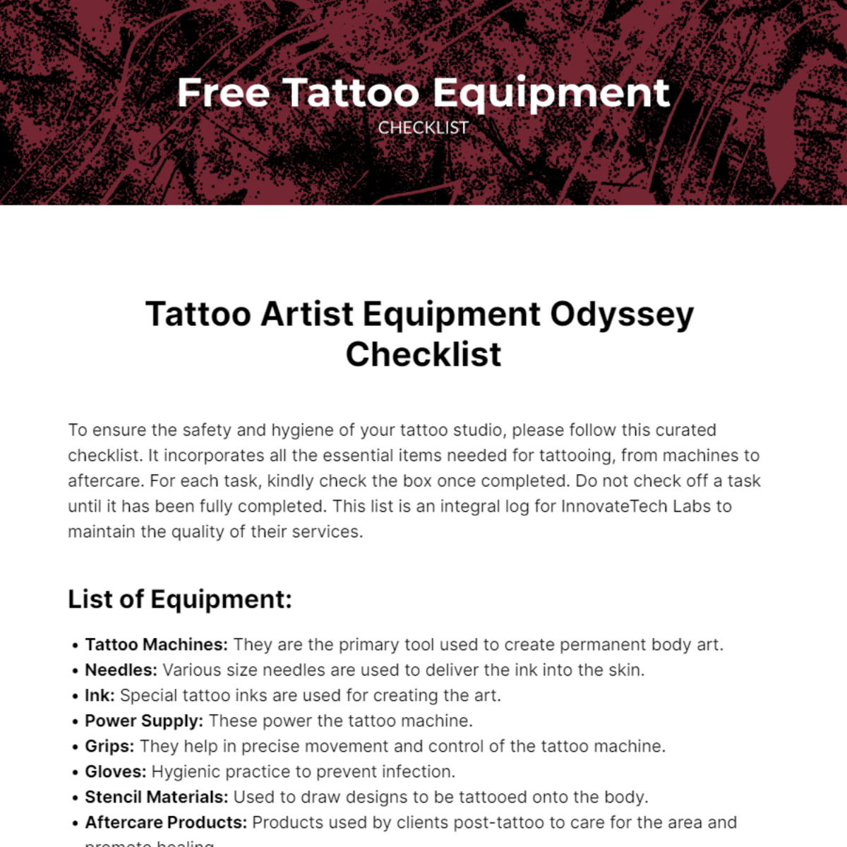 Tattoo Equipment Checklist Template