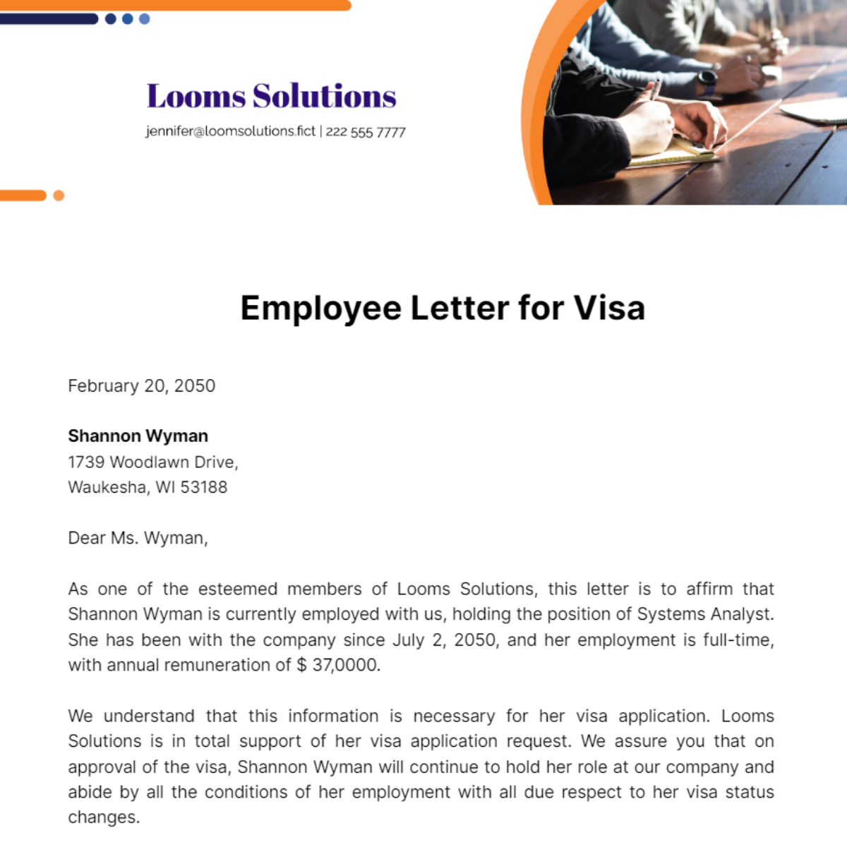 Free Employee Letter for Visa Template