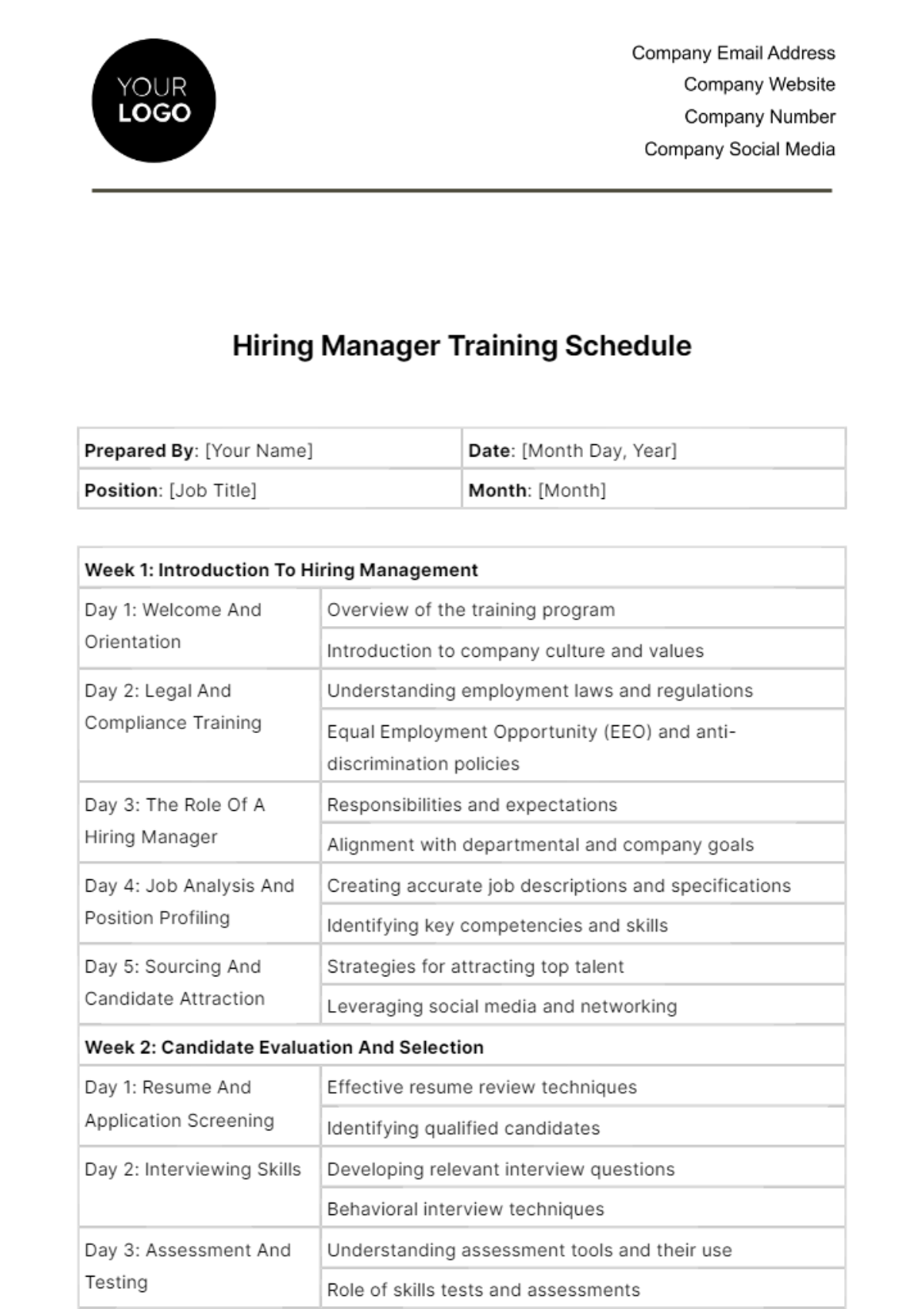 Free Hiring Manager Training Schedule HR Template