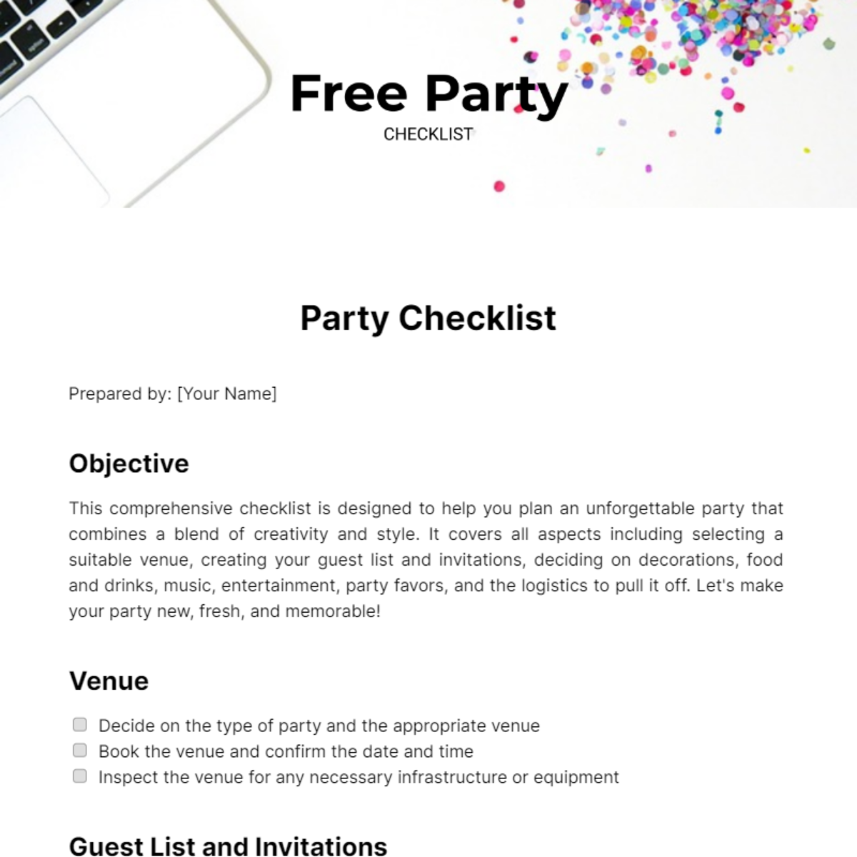 Party Checklist Template
