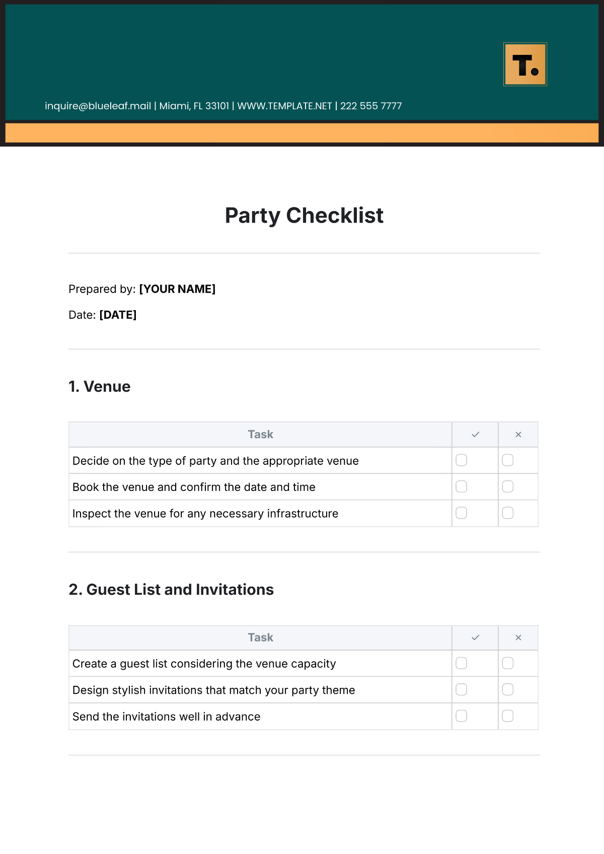 Party Checklist Template