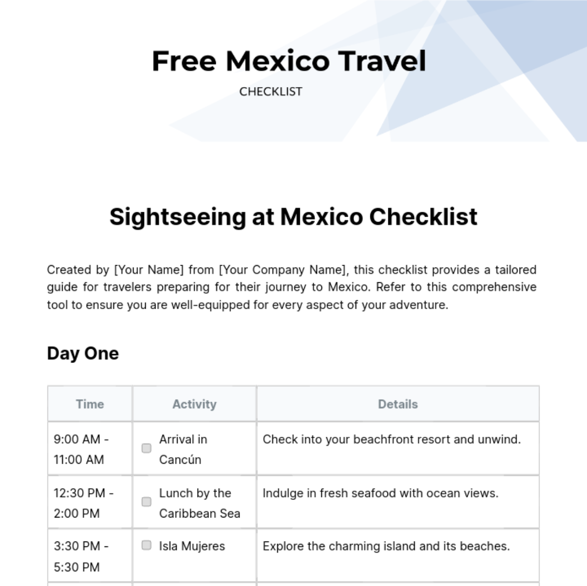 Mexico Travel Checklist Template