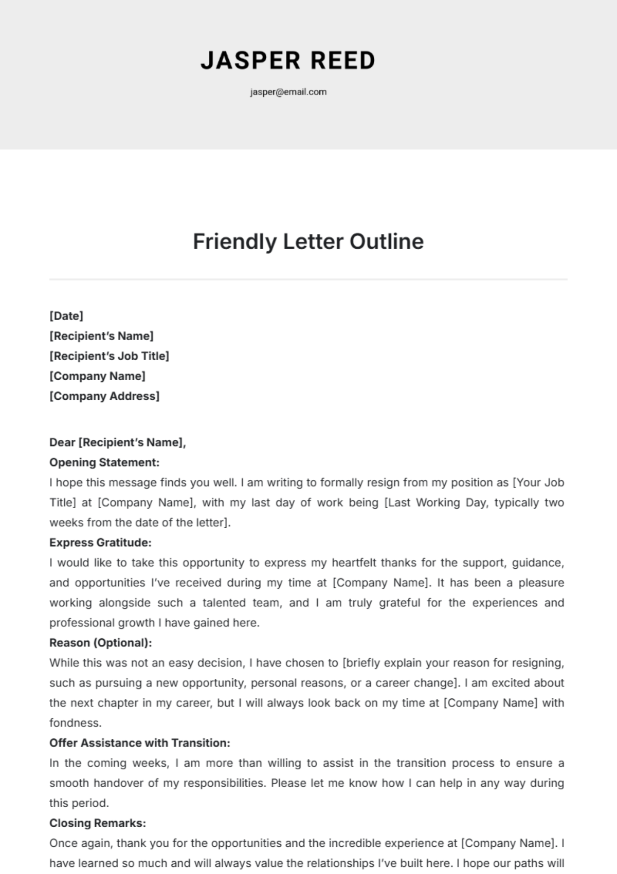 Friendly Resignation Letter Outline Template - Edit Online & Download