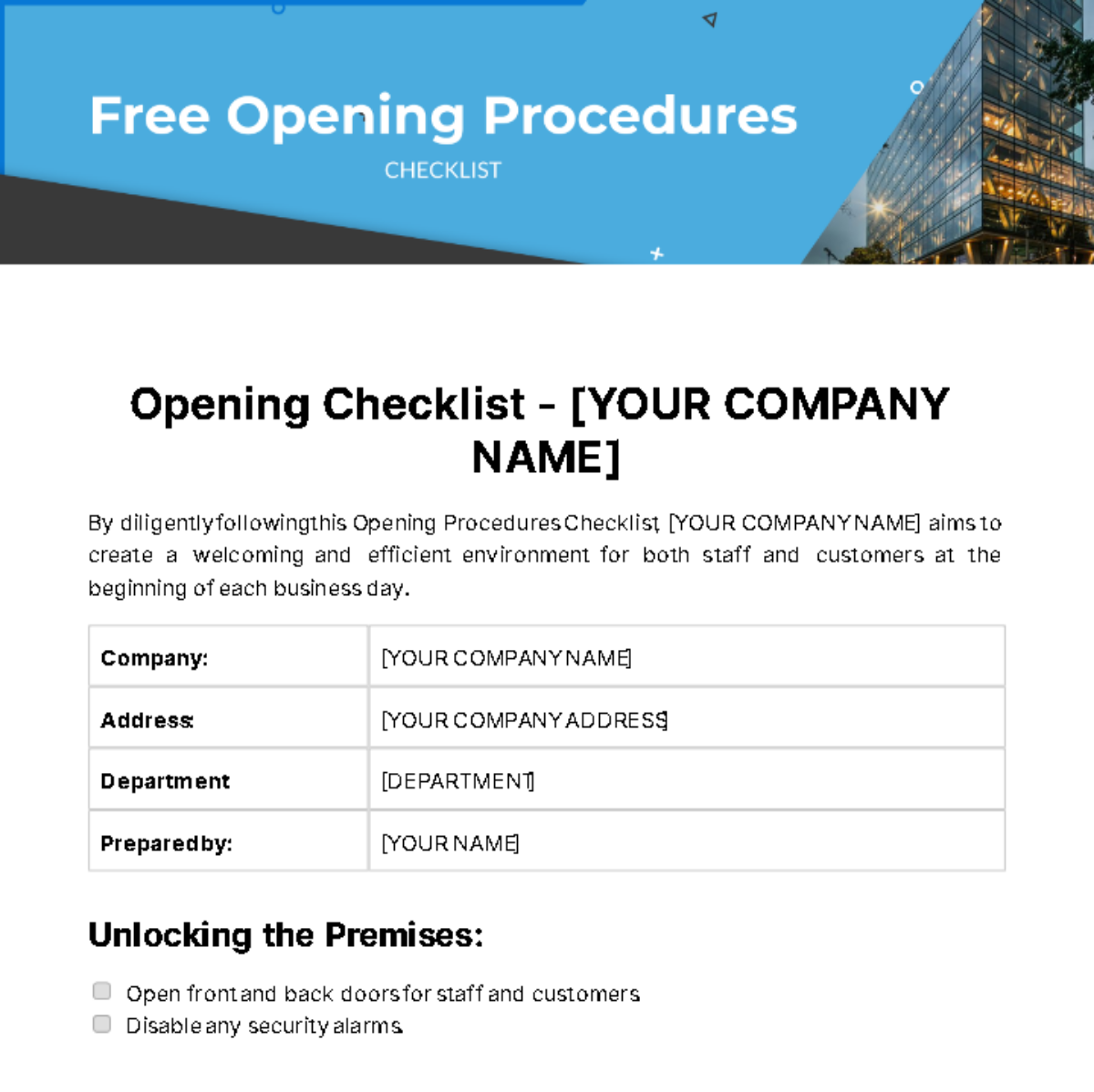 Free Opening Procedures Checklist Template