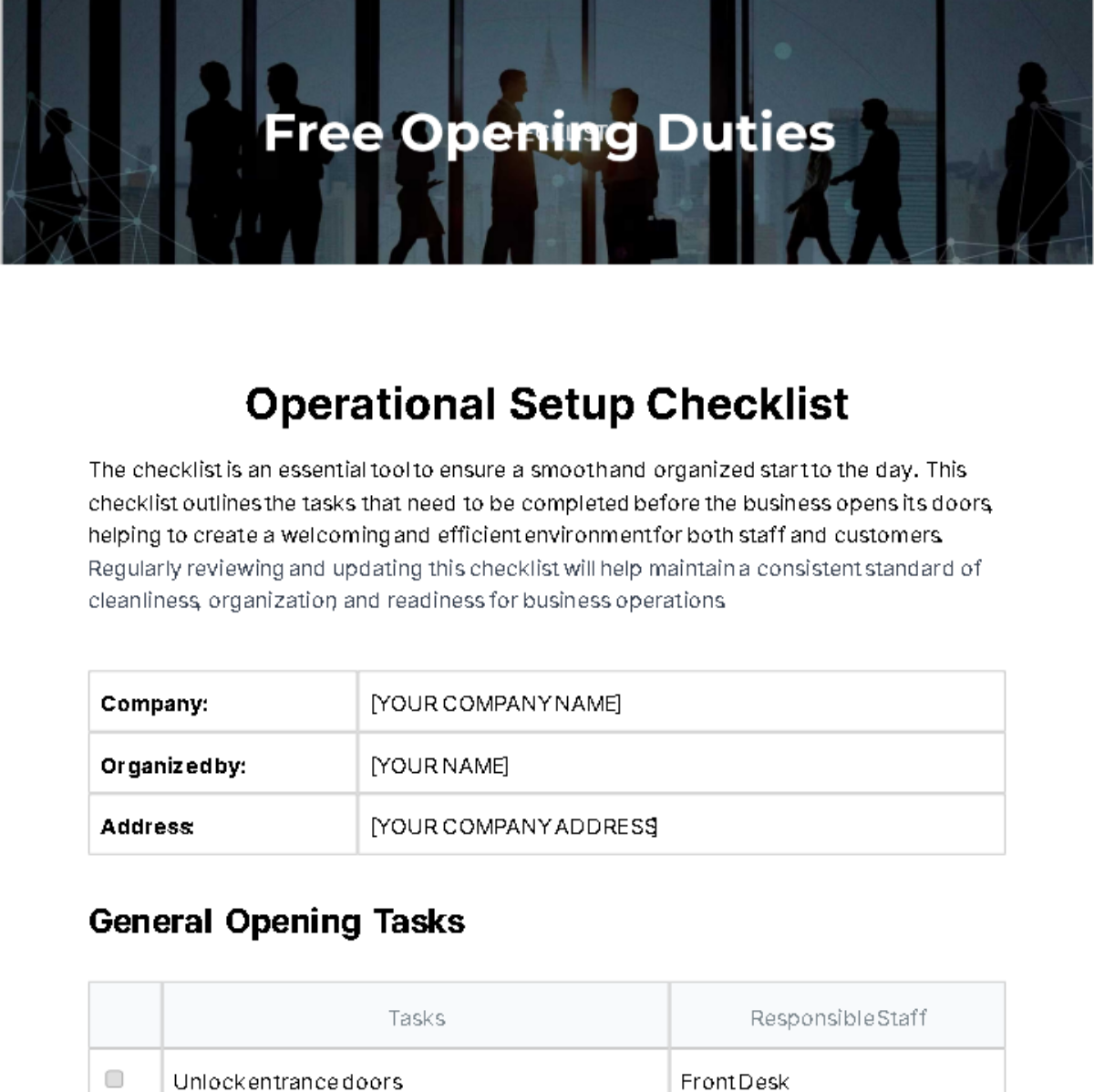 Free Opening Duties Checklist Template