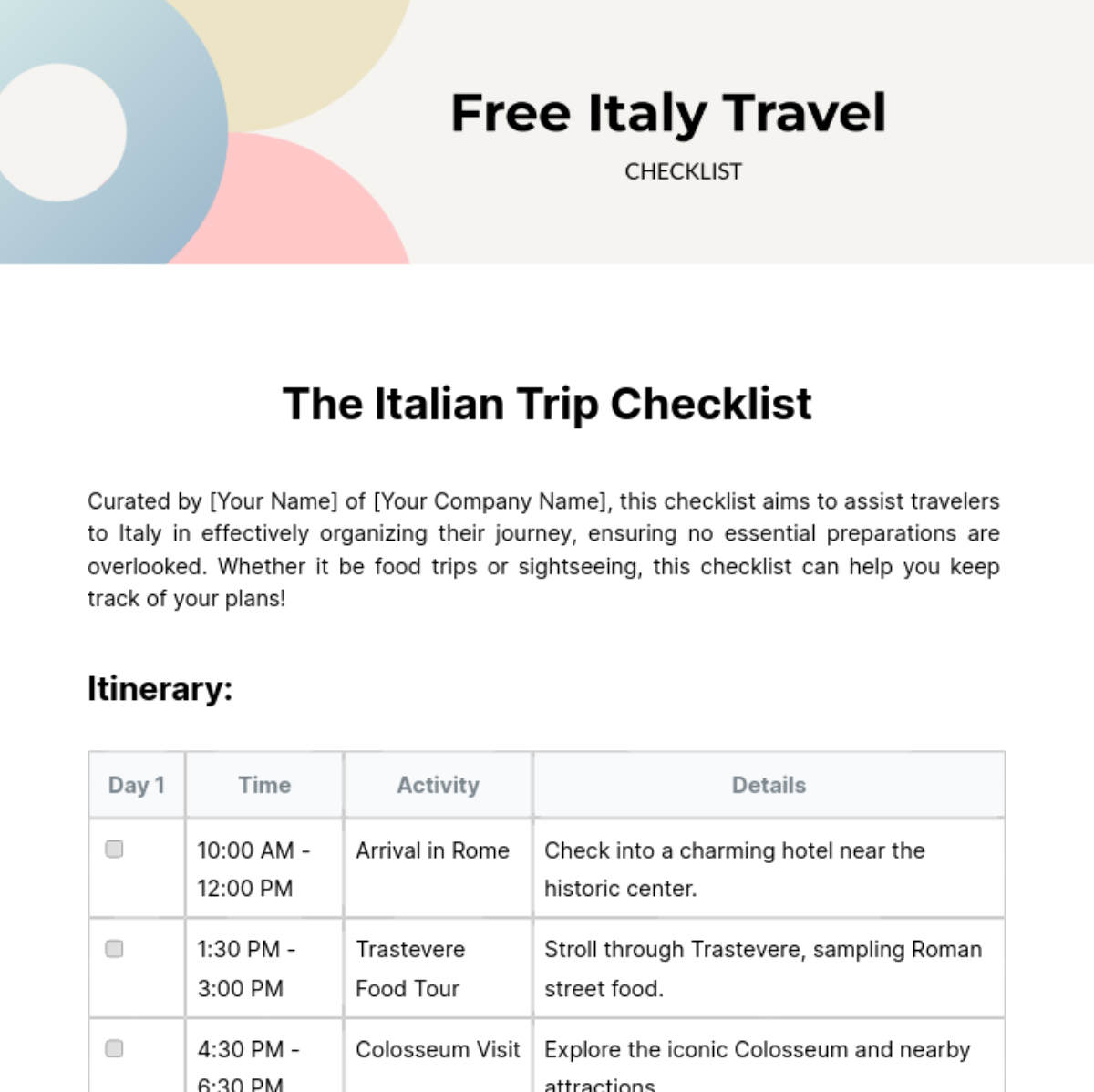 Italy Travel Checklist Template