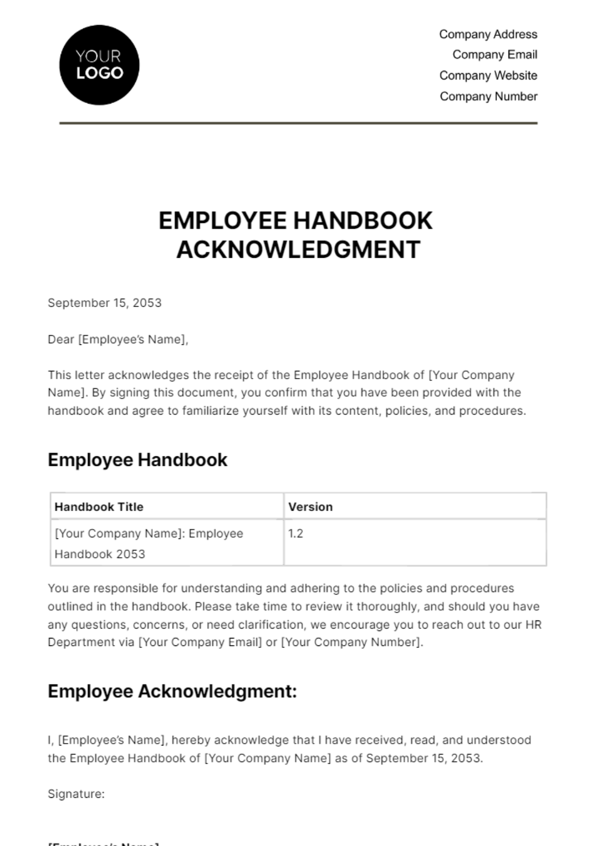 Free Employee Handbook Acknowledgment HR Template