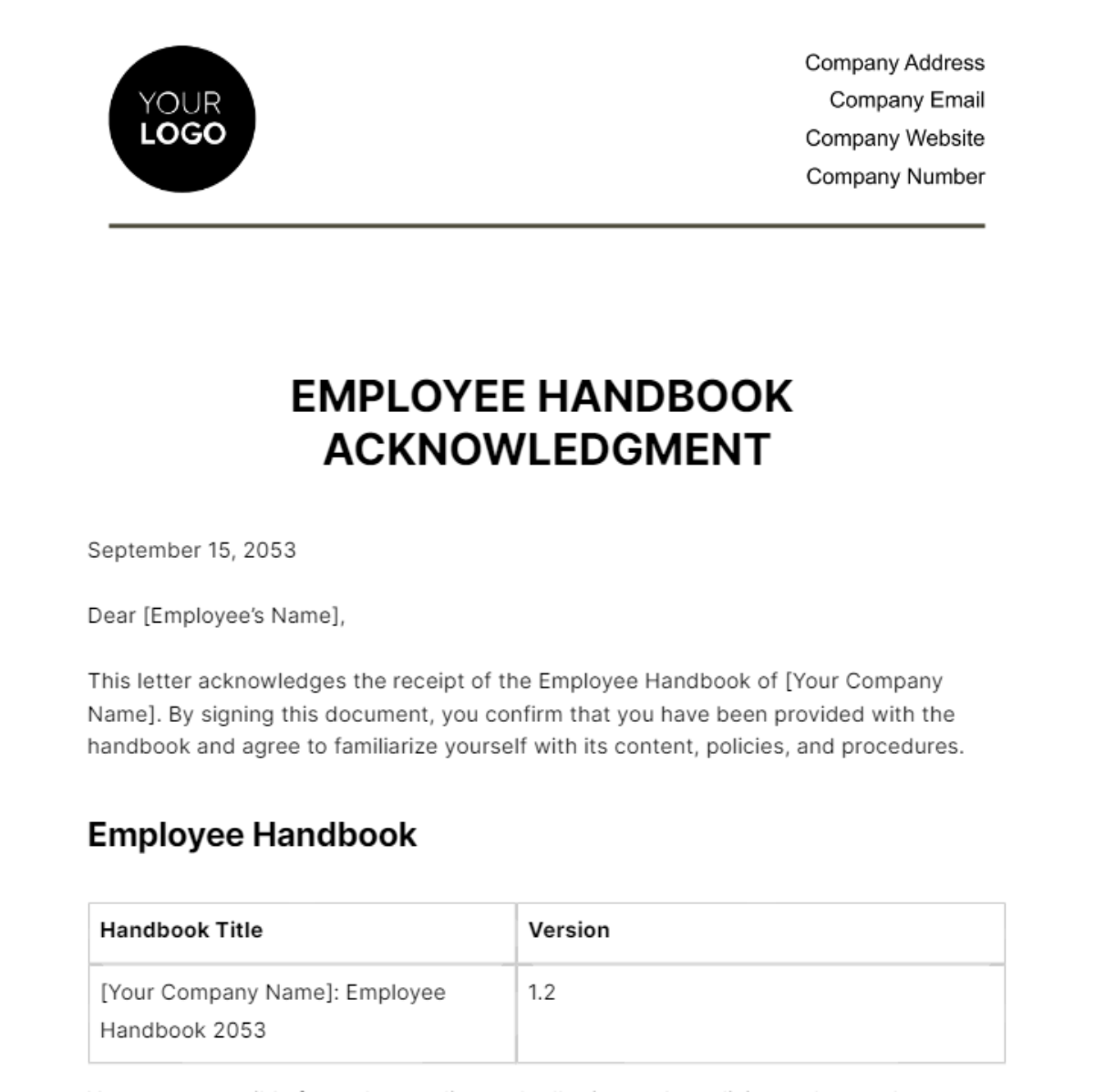 Employee Handbook Acknowledgment HR Template