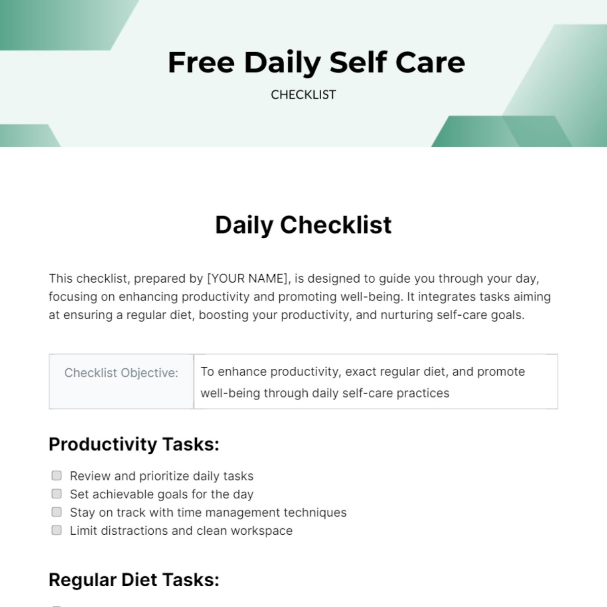 Daily Self Care Checklist Template