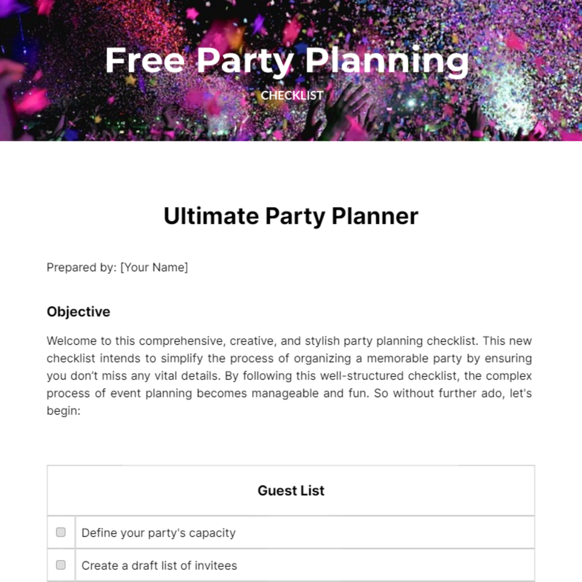 Party Planning Checklist Template