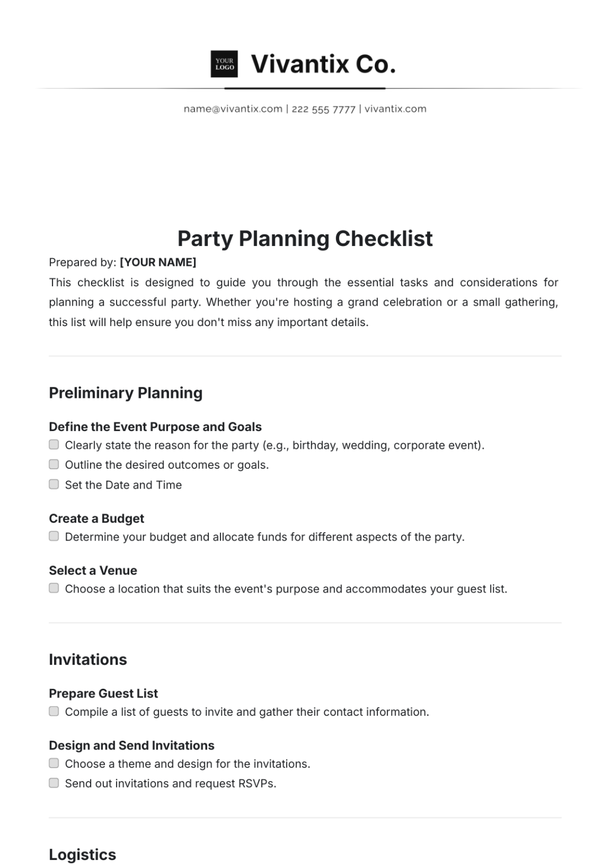 Party Planning Checklist Template