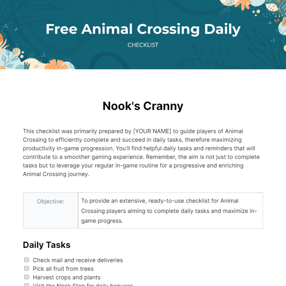 Animal Crossing Daily Checklist Template