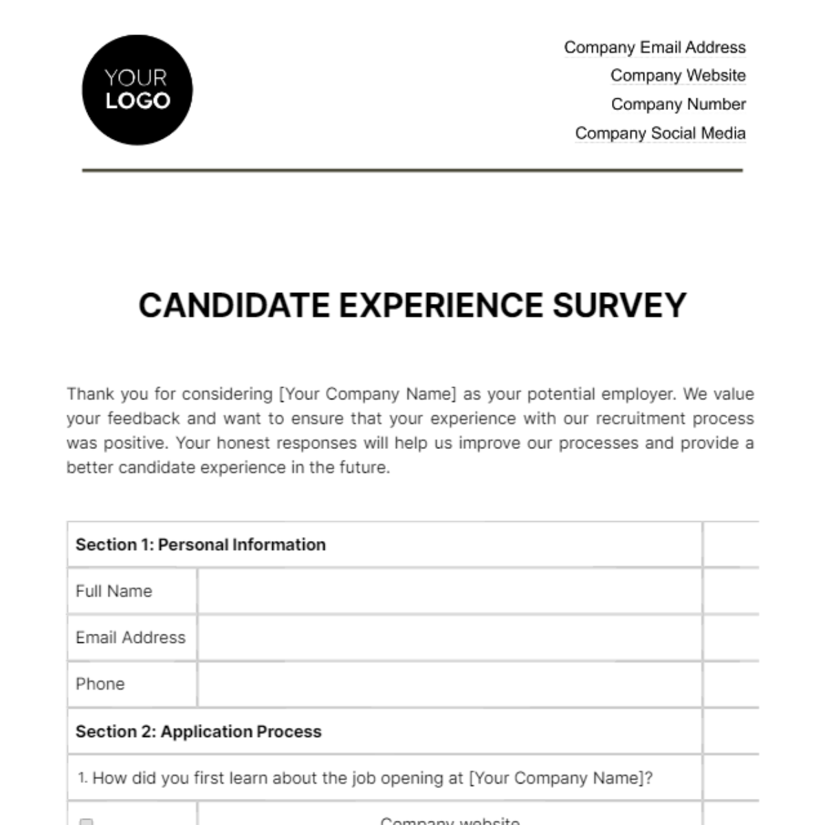 Candidate Experience Survey HR Template