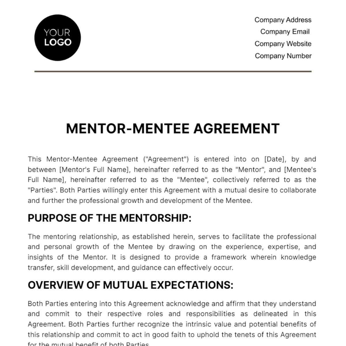 Mentor-Mentee Agreement HR Template