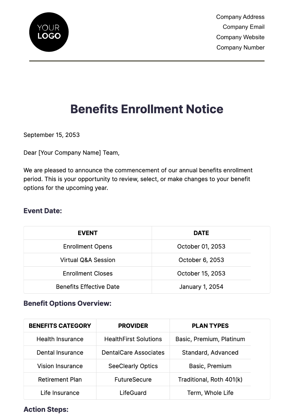 Benefits Enrollment Notice HR Template - Edit Online & Download