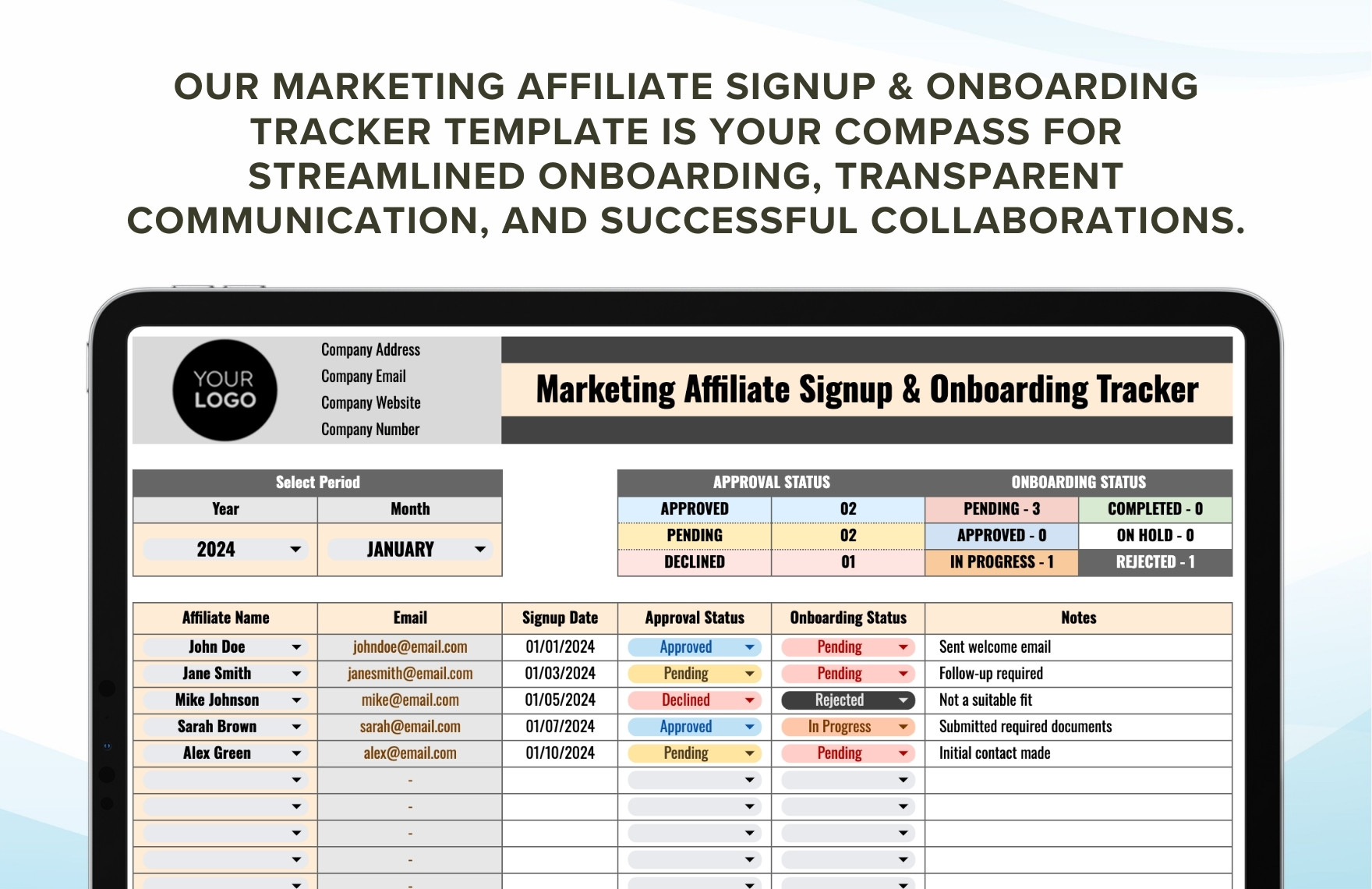 Marketing Affiliate Signup & Onboarding Tracker Template