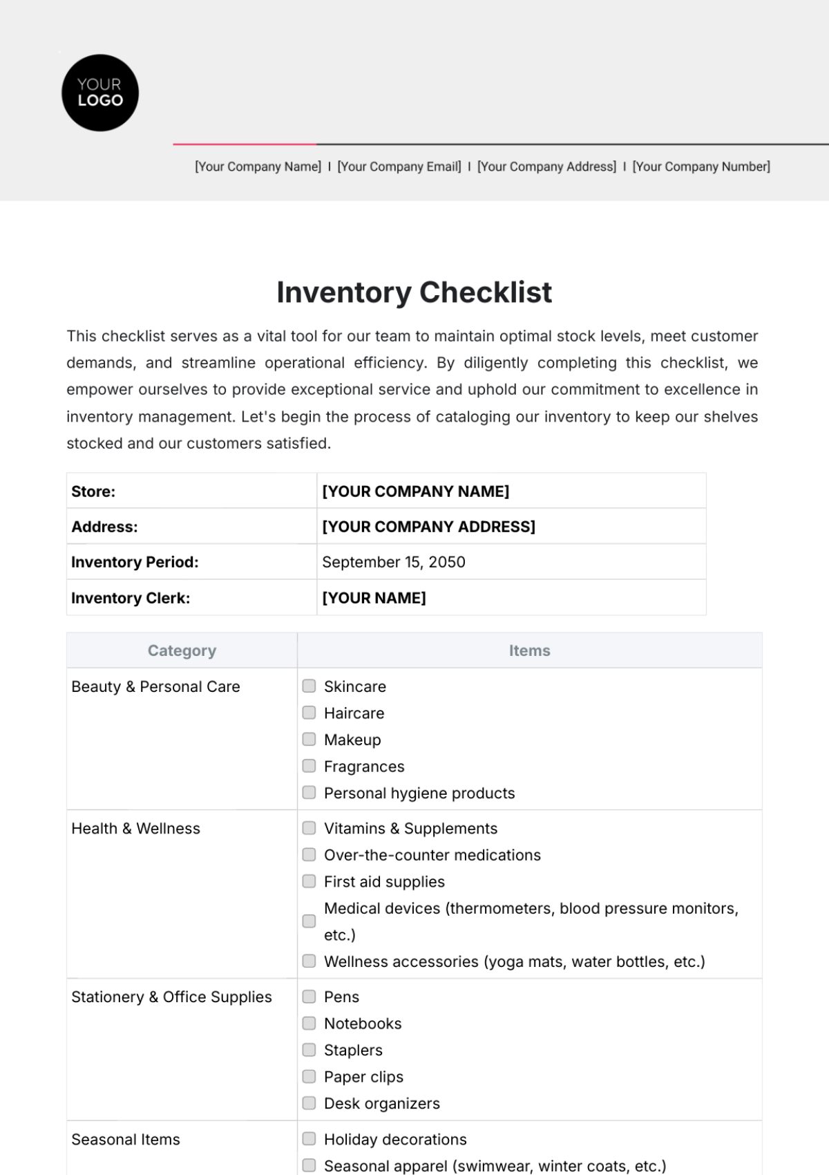 Inventory Checklist Template