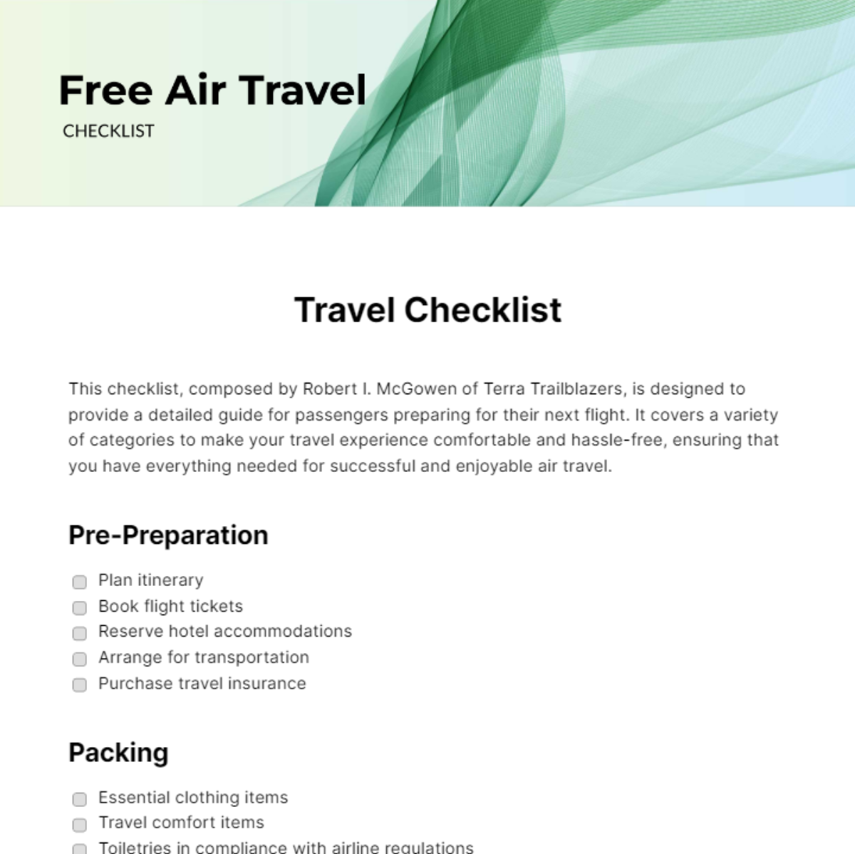 Air Travel Checklist Template - Edit Online & Download Example