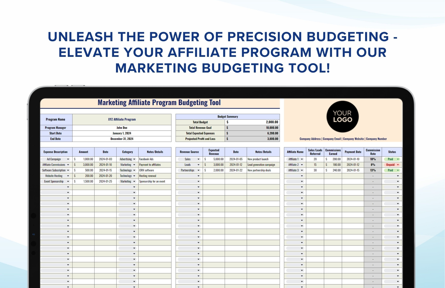 Marketing Affiliate Program Budgeting Tool Template
