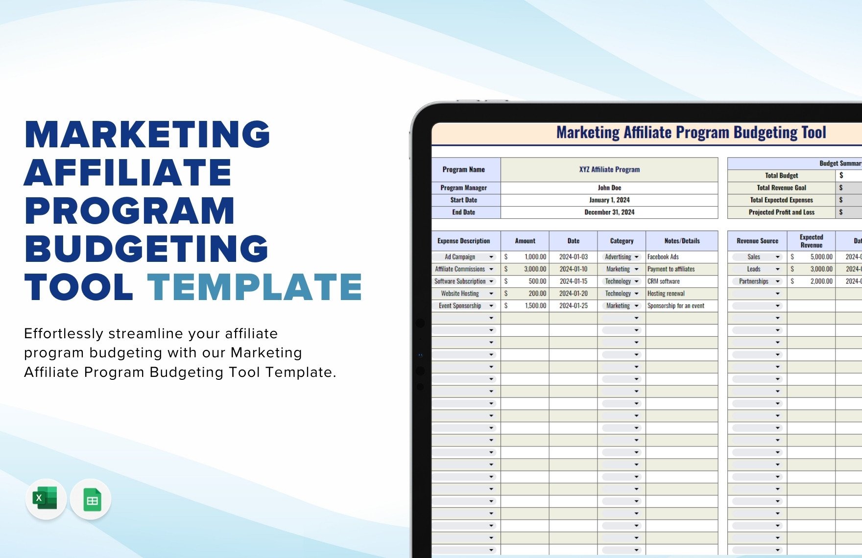 Marketing Affiliate Program Budgeting Tool Template