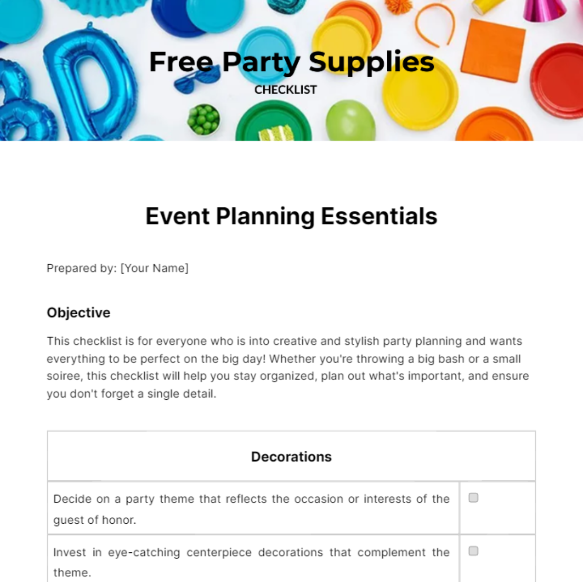 Party Supplies Checklist Template