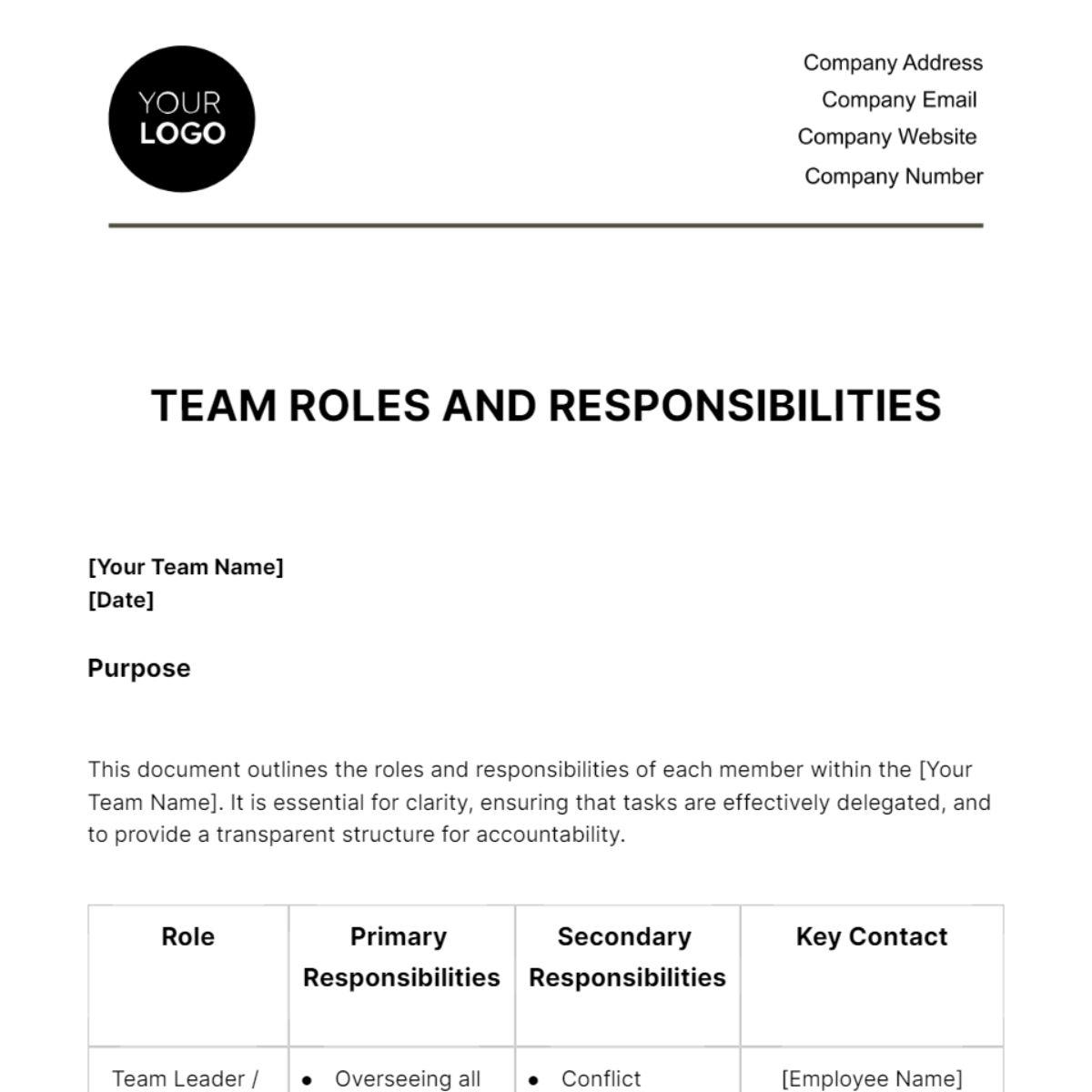 Team Roles and Responsibilities Overview HR Template
